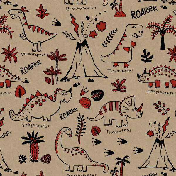 Printed Kraft Paper Gift Wrap Pack 1 Roll - 3 Meter - Doodles Dinosaur