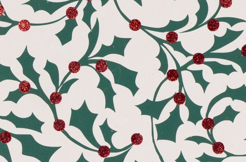 Glitter Rollwrap Paper Gift Wrap Roll - 2M - Winter Forest Holly with Red Berries on White