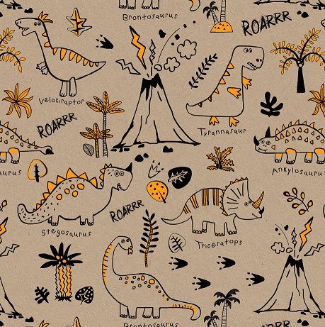Printed Kraft Paper Gift Wrap Pack 1 Roll - 3 Meter - Doodles Dinosaur