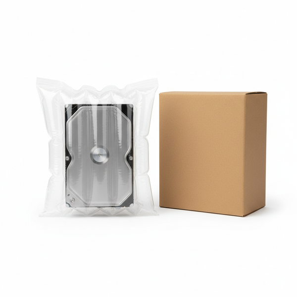 3.5 inch HDD snugly fitted inside an inflatable multi-chamber air column cushion bag, with a plain brown corrugated outer box alongside, on a white background