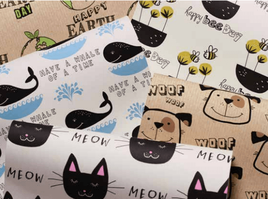 Printed Kraft Paper Gift Wrap Pack 1 Roll - 2M - Happy Earth Cat