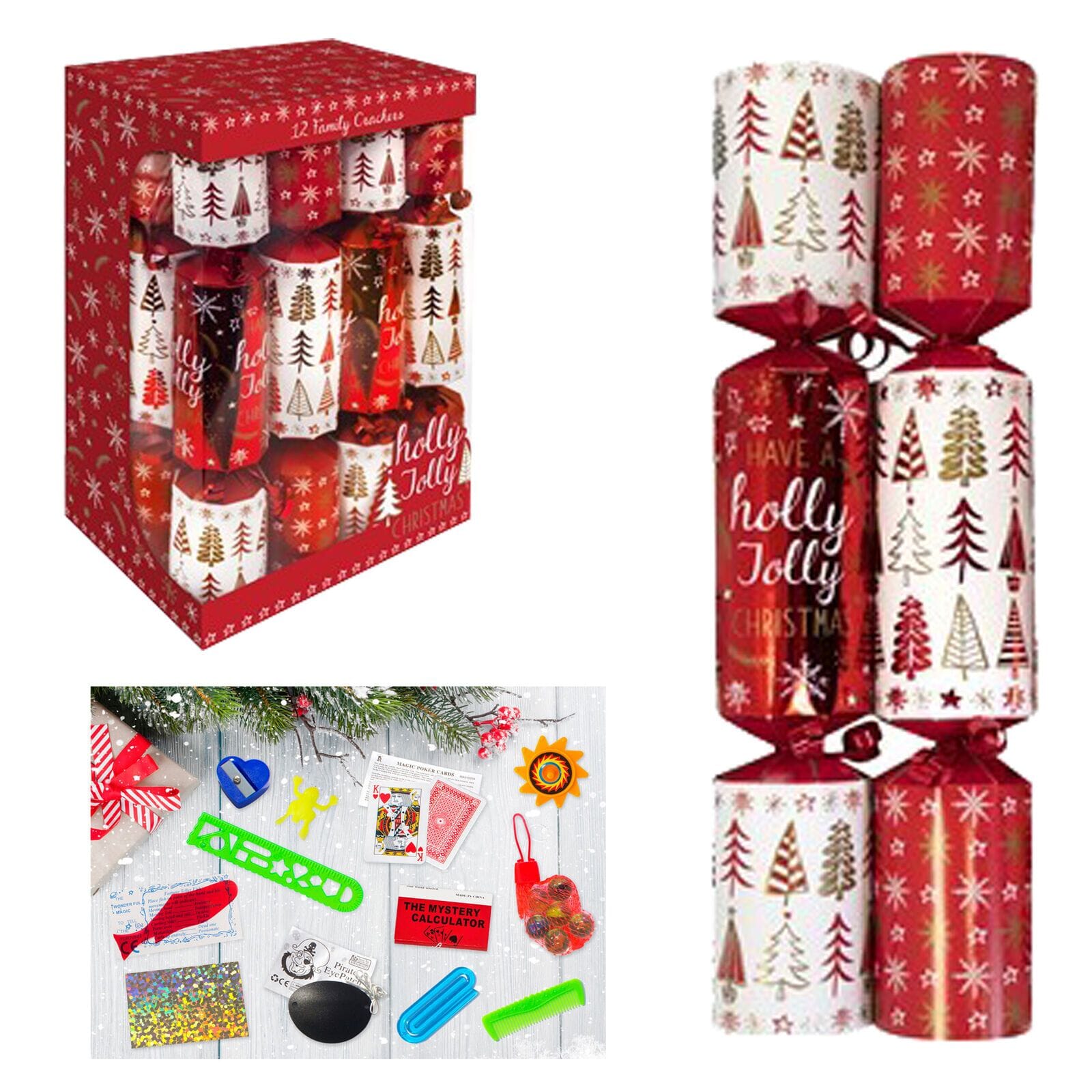 Crackers - Pack Of Twelve Family Crackers Red / White Holly Jolly 30cm