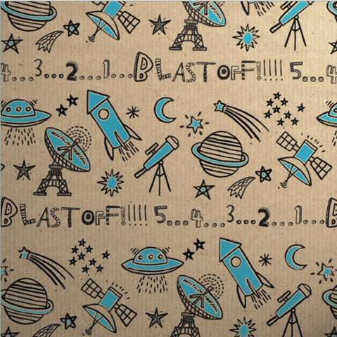 Printed Kraft Paper Gift Wrap Pack 1 Roll - 3 Meter - Doodles Rocket