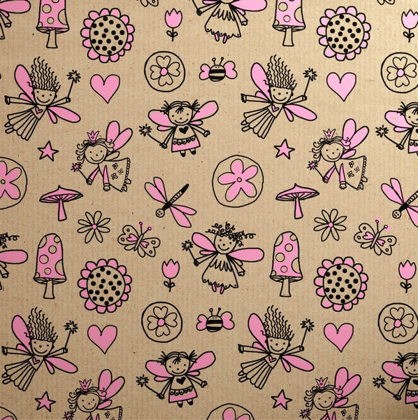 Printed Kraft Paper Gift Wrap Pack 1 Roll - 3 Meter - Doodles Fairy Pink
