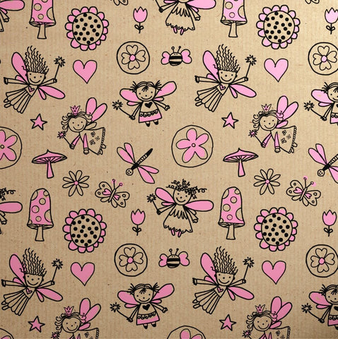 Printed Kraft Paper Gift Wrap Pack 1 Roll - 3 Meter - Doodles Fairy Pink