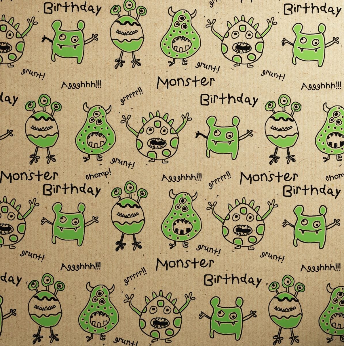 Printed Kraft Paper Gift Wrap Pack 1 Roll - 3 Meter - Doodles Green Monsters