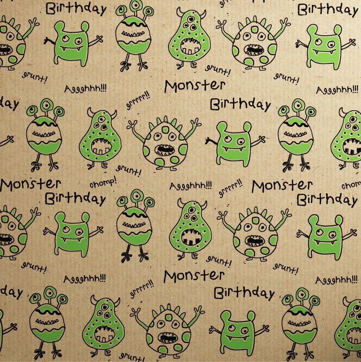 Printed Kraft Paper Gift Wrap Pack 1 Roll - 3M - Doodles Green Monsters