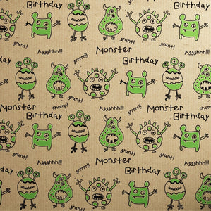 Printed Kraft Paper Gift Wrap Pack 1 Roll - 3 Meter - Doodles Green Monsters