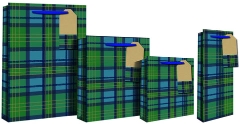 Gift Bag - Blue Tartan Design Gift Bottle Bag 13 X 9 X 36cm - Blue & Green Check