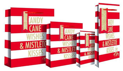 Gift Bag - Candy Cane Wishes & Mistletoe Kisses Luxury Bottle Gift Bag 13 X 9 X 36cm - Red & White Candy Stripe