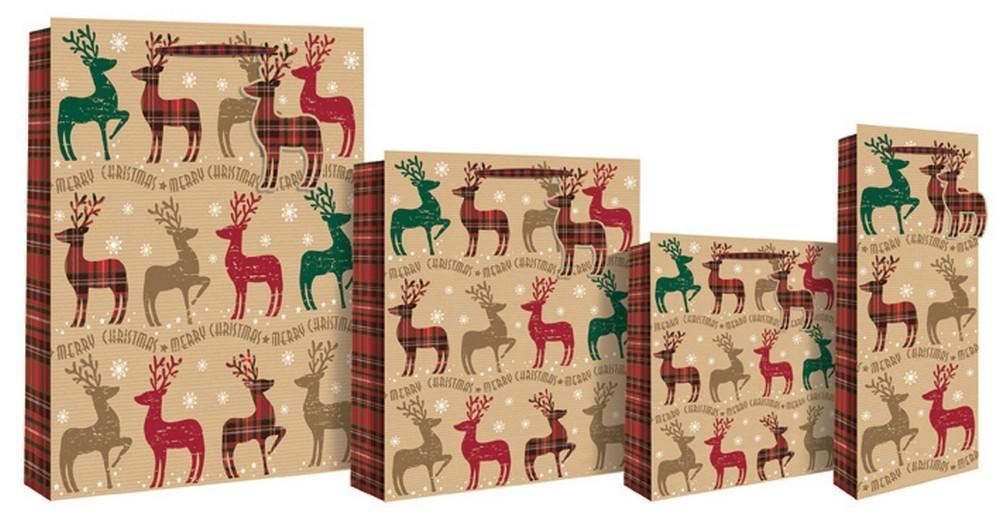 Gift Bag - Christmas Tartan Reindeer Design Gift Bag - Red & Green Check - Medium