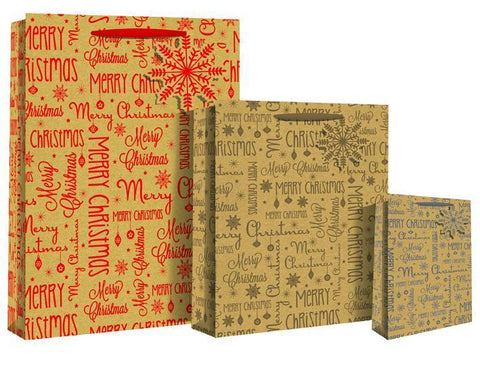 Gift Bag - Deluxe Kraft Paper Gift Bag - Merry Christmas Large Design Bag - L