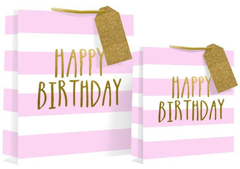 Gift Bag - Happy Birthday Design Gift Bag 22 X 10 X 26cm - Pink Stripe Medium