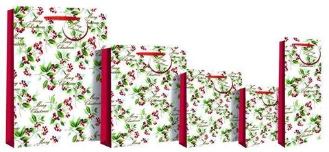 Gift Bag - Merry Christmas Holly Bottle Gift Bag 36 X 13 X 9cm - Foiled Red Berries Deluxe