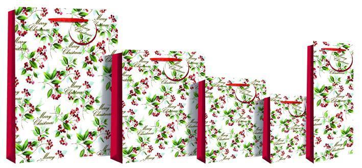Gift Bag - Merry Christmas Holly Gift Bag 33 X 26 X 14cm - Foiled Red Berries Large Deluxe