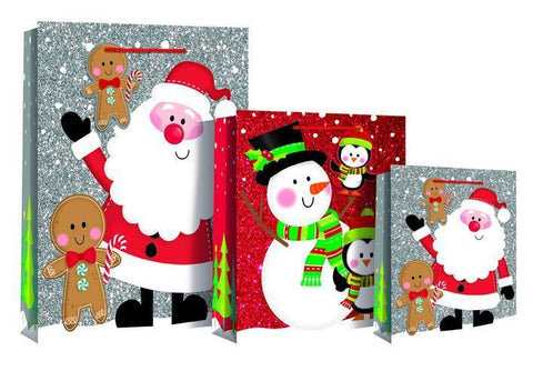 Gift Bag - Merry Christmas Sparkly & Glitter Design Gift Bag 22 X 10 X 25cm - Santa & Snowman Med
