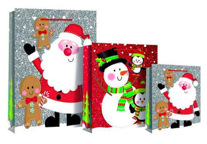 Gift Bag - Merry Christmas Sparkly & Glitter Design Gift Bag 46 X 10 X 33cm - Santa & Snowman XL