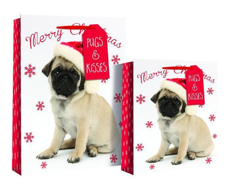 Gift Bag - Pug & Kisses Merry Christmas Design Gift Bag 46 X 10 X 33cm - Red Foil Snow Flakes XL