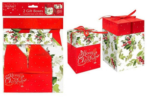 Gift Box - 2 GIFT BOXES HOLLY DESIGN WITH RED RIBBON