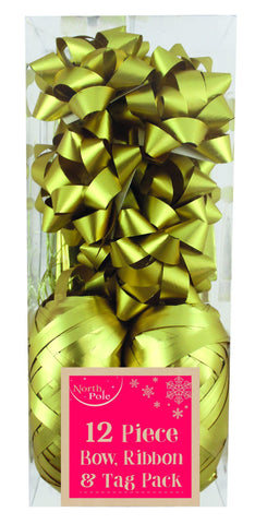 Gift Wrap - 12pc - Metallic Gold Gift Wrapping Bow, Ribbon & Tag Pack - 12 Piece