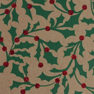 Gift Wrap - Glitter Kraft Paper Gift Wrap Roll - 2M - Lapland Red Green Holly