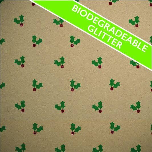 Gift Wrap - Printed Kraft Paper Gift Wrap Pack 1 Roll - 2M - Bio-Glitter Christmas Holly