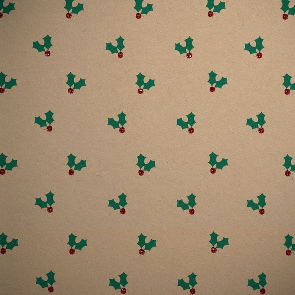 Gift Wrap - Printed Kraft Paper Gift Wrap Pack 1 Roll - 2M - Bio-Glitter Christmas Holly