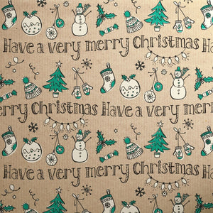Gift Wrap - Printed Kraft Paper Gift Wrap Pack 1 Roll - 3M - Doodles Christmas Green Very Merry