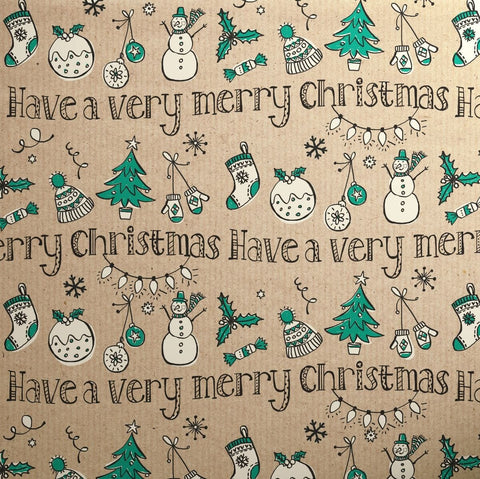 Gift Wrap - Printed Kraft Paper Gift Wrap Pack 1 Roll - 3M - Doodles Christmas Green Very Merry