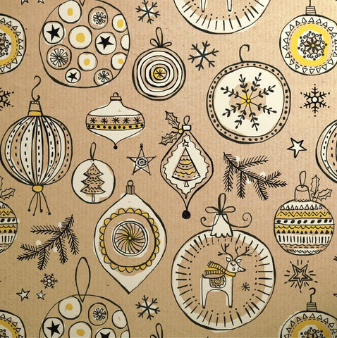 Gift Wrap - Printed Kraft Paper Gift Wrap Pack 1 Roll - 3M - Doodles Christmas Yellow Baubles