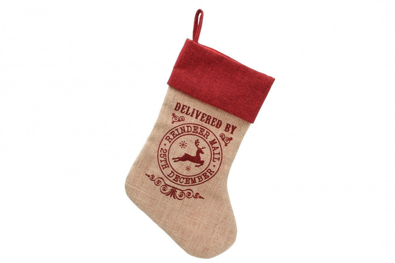 Jute Bag - Delivered By Reindeer Mail Stocking - Jute Christmas Design