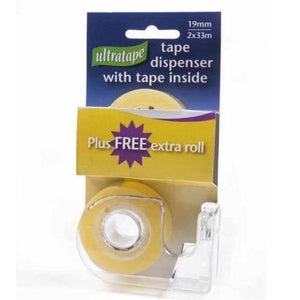 Parcel Tape - 2 Roll Pack - Ultratape Clear Adhesive Tape 19mm X 33M - Pk2 + Dispenser