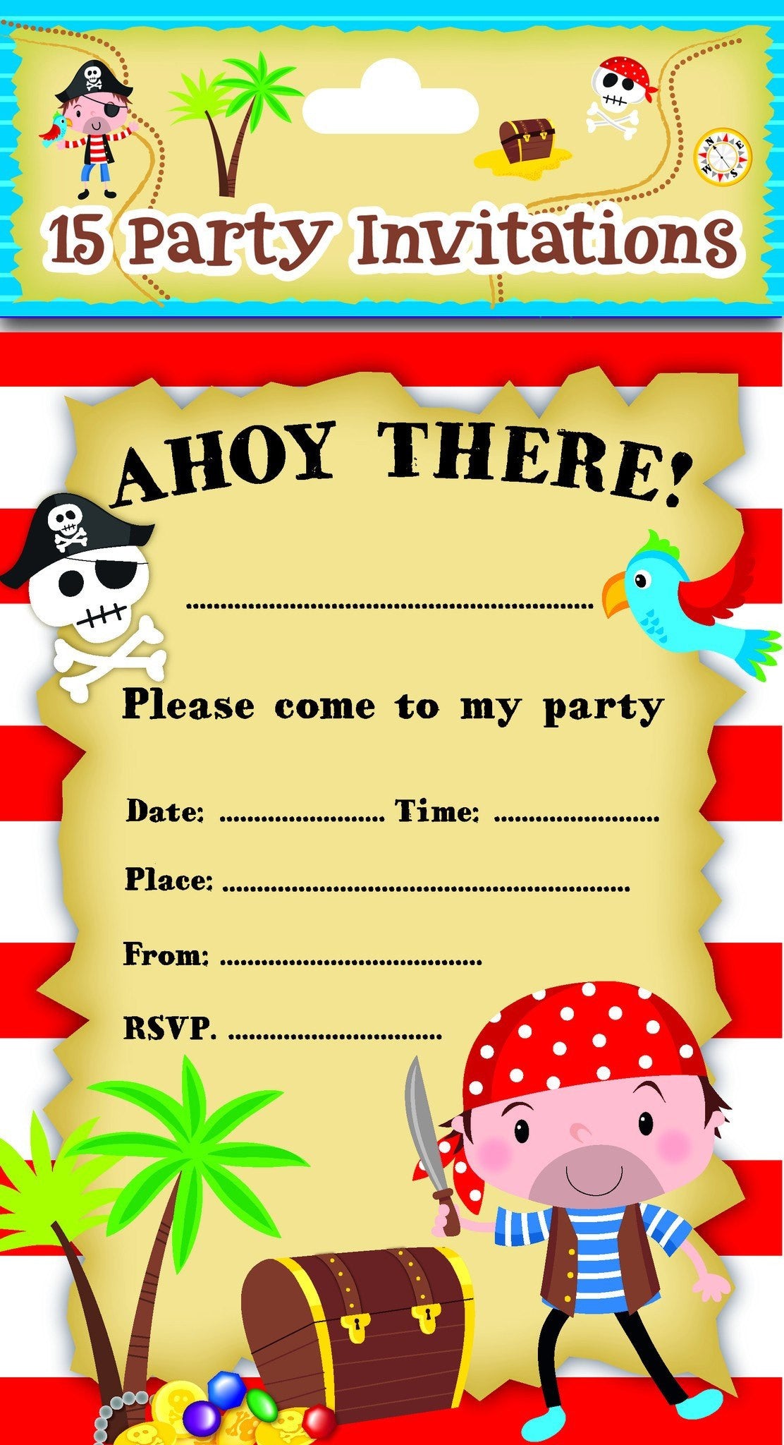 Partyware - 8 Pack Blue Pirate Party Invitations - Partyware - 8PK