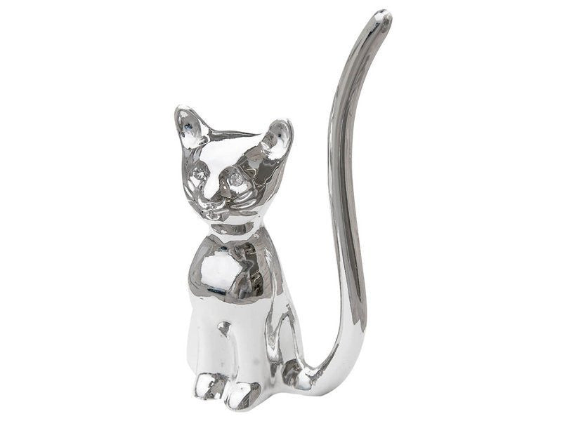 Ring Holder - Silver Cat With Crystal Eyes Ring Holder
