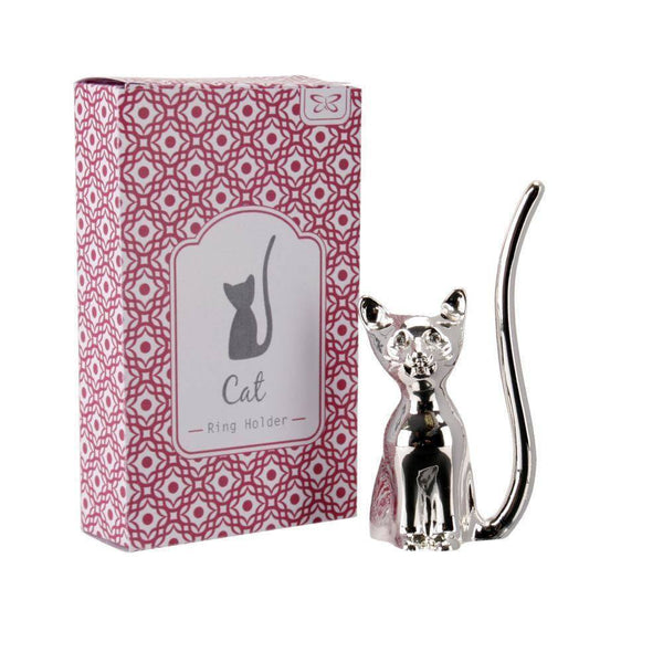 Ring Holder - Silver Cat With Crystal Eyes Ring Holder