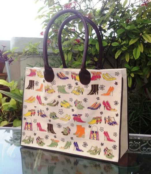 Large Canvas Shoe Design Shopper Bag -  Tote
