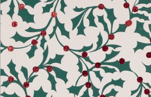 Glitter Rollwrap Paper Gift Wrap Roll - 2M - Winter Forest Holly with Red Berries on White