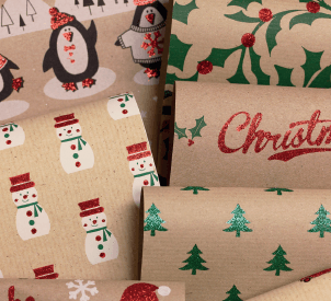 Glitter Kraft Paper Gift Wrap Roll - 2M - Lapland Ho Ho Santa