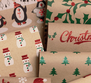 Glitter Kraft Paper Gift Wrap Roll - 2M - Lapland Red Green Holly