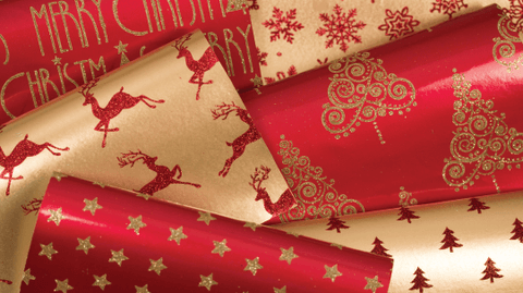 Glitter Rollwrap Paper Gift Wrap Roll - 2M - Red Brocade Reindeer on Gold