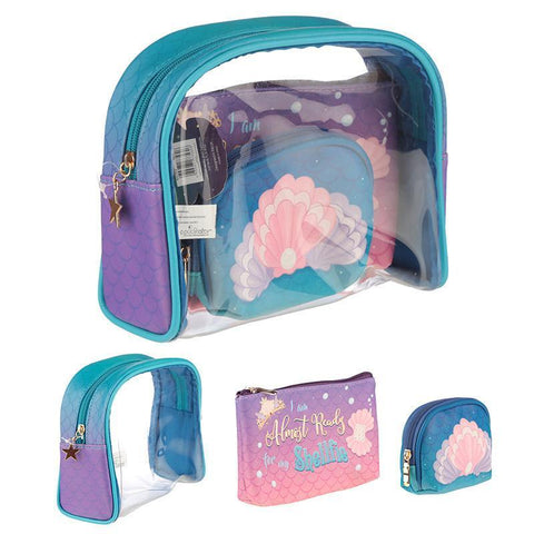 Wash Bag - Set Of 3 Handy Make Up Toilette Vanity Wash Bag Set - Mermaid