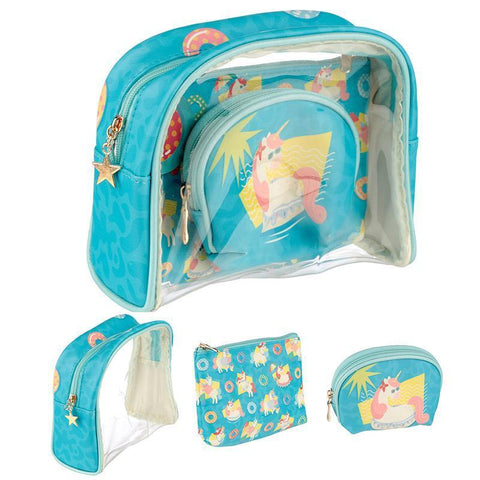 Wash Bag - Set Of 3 Handy Make Up Toilette Vanity Wash Bag Set - Tropical Unicorn